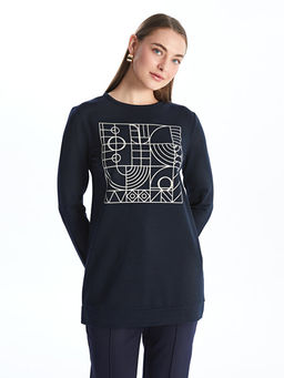 Bisiklet Yaka Bask?l? Kad?n Sweatshirt Tunik