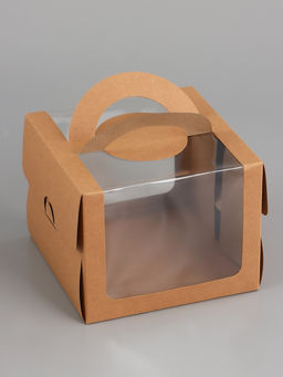 Коробка под бенто-торт с окном, крафт, 16×16×12.5 см