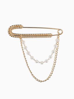 Булавка «Шик цепочки и жемчуга», в стразах, L=7.5 см, белая в золоте