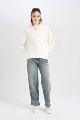 Женский черный простой толстый свитшот оверсайз с широкой посадкой на молнии с воротником-стойкой и карманами - Defacto фото 2