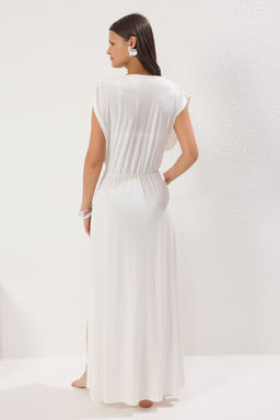 TRENDYOLMILLA Ekru Maxi Orme Derin Dekolteli Y?rtmacl? Plaj Elbisesi TBESS25EL00078  фото 8