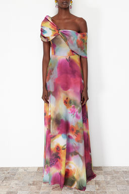 Cok Renkli A-Kesim Astarl? Asimetrik Yaka Sifon Dokuma Uzun Ucus Ucus Abiye Elbise TPRSS24AE00055 - Trendyolmilla фото 4