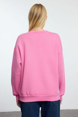 Pembe Oversize/Rahat Kesim Basic Bisiklet Yaka Kal?n/Ici polarl? Orme Sweatshirt TWOAW24SW00102