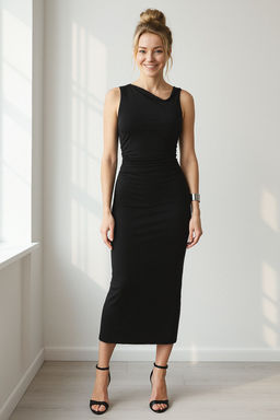 Siyah Duz Buzgu / Drape Midi Fitted Buzgu Drape Detayl? Esnek Orme Elbise TWOSS25EL00109