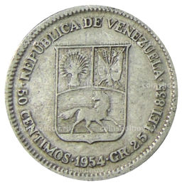 Монета 50 сентимо 1954 года Венесуэла