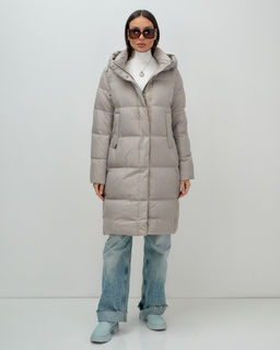 Пальто зимнее утепленное с капюшоном женское бежевого цвета 7618B