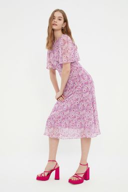 Lila Cicek Desenli A Kesim Astarl? Midi Dokuma Elbise TWOSS20EL0908