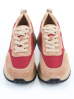 04-PDJ96-3 BEIGE/RED Кроссовки демисезонные женские (натуральная замша, натуральная кожа, текстиль)