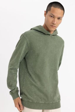 Regular Fit Kapusonlu Y?kamal? Soluk Efektli Basic Duz Sweatshirt