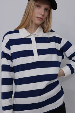 Блузка-поло в широкую горизонтальную бело-зеленую полоску - Incity фото 11