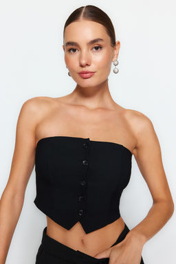 Trendyolmilla Siyah Straplez Dugme Detayl? Crop Dokuma Bluz TWOAW24BZ00421  фото 8