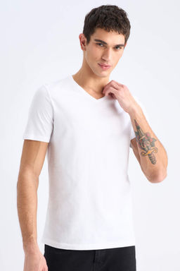 Slim Fit Dar Kesim V Yaka Basic Duz K?sa Kollu Tisort - Defacto фото 4