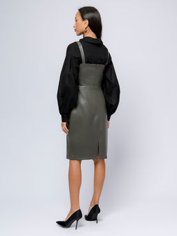 Сарафан зеленый без рукавов с прямоугольным вырезом из искусственной кожи - 1001dress фото 3