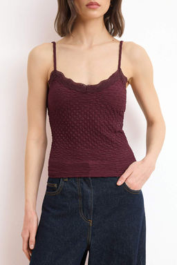 Bordo Fitted/Vucuda Oturan V Yaka Ince Ask?l? Kolsuz Dokulu Orme Bluz TWOSS26BZ00477 - Trendyolmilla фото 3