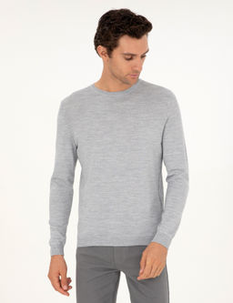 A__k Gri Slim Fit Bisiklet Yaka Y_n Kar___ml_ Basic Triko Kazak