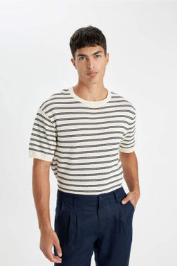 Relax Fit Bisiklet Yaka Cizgili K?sa Kollu Triko Tisort - Defacto фото 4