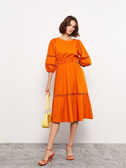 Bisiklet Yaka Nak??l? Balon Kollu Poplin Kad?n Elbise