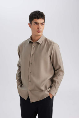 Мужская рубашка цвета хаки с повседневным кроем и воротником-поло из саржевой ткани, смешанная модальная однотонная рубашка с длинными рукавами - Defacto фото 3