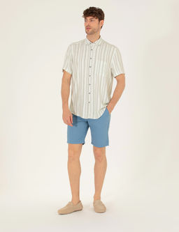 Koyu Mavi Slim Fit Keten Kar___ml_ Beli Lastikli Bermuda _ort