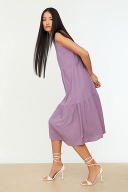 TRENDYOLMILLA Kahverengi Shift/Duz Kesim Dik Yaka Midi Dokuma Elbise TWOSS20EL1864 фото 15