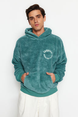 Mint Oversize/Genis Kesim Kapusonlu Uzun Kollu Yaz? Nak?sl? Pelus Sweatshirt TMNAW24SW00028 - Trendyolmilla фото 2