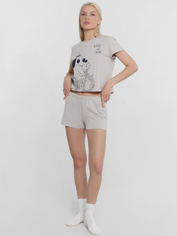 Комплект женский (джемпер, шорты) серый с печатью