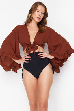 Kahverengi Crop Dokuma Volanl? Plaj Bluz TBESS19BB0095