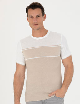 Bej Slim Fit Bisiklet Yaka Triko T-Shirt