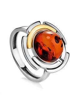 Кольцо Люмьер из натурального янтаря коньячного цвета