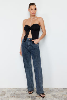 Trendyolmilla Siyah Premium Buzzy Kalp Yaka Buzgulu Esnek Crop Orme Bluz TWOSS24BZ00204 фото 6