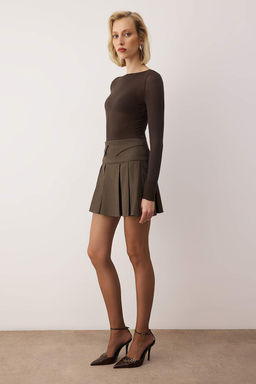 EXCLUSIVE Ozel Koleksiyon Vizon Ekoseli Bel Detayl? Piliseli K?sa Etek TWOAW26ET00134 - Trendyolmilla фото 4