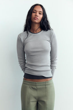 LONG SLEEVE WASHED EFFECT RIBBED T-SHIRT - Zara фото 3
