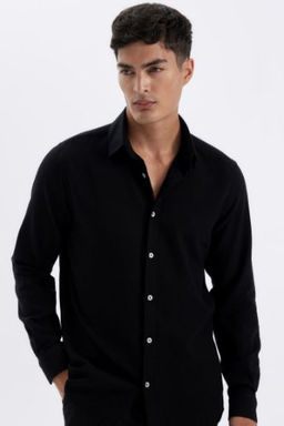 Siyah Modern Fit Modern Kesim Polo Yaka Duz Pamuklu Uzun Kollu Gomlek