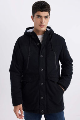 Slim Fit Dar Kesim Kapusonlu Pelus Astar Fermuarl? C?tc? Kapamal? Cepli Mont Parka - Defacto фото 2