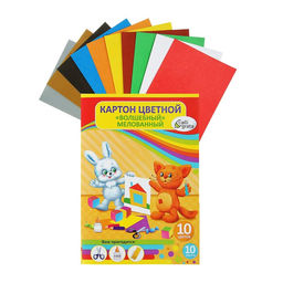 Картон цветной А4, 10 листов, 10 цветов, волшебный (золото+серебро) мелованный 220 г/м2, Мягкие игрушки, в папке