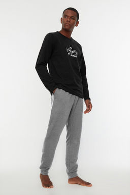 Siyah Erkek Regular Fit Bask?l? Orme Pijama Tak?m? TMNAW22PT0759