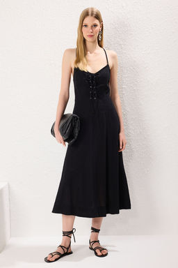 TRENDYOLMILLA Turuncu Belden Ac?lan Baglama Detayl? Midi Dokuma Elbise TWOSS23EL01913