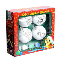 Ёлочные шары под раскраску на новый год Чудесный праздник, краски, 4 шт., набор для творчества
