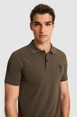 Erkek Slim Fit Polo Yaka Koyu Haki Basic Ti__rt