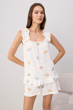 Teen Ekru %100 Pamuklu E_lenceli Peri Bask_l_ _rme Pijama Tak_m_ THMSS26PT00179