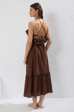 Kahverengi Dokuma F?rf?rl? %100 Pamuk Maxi Plaj Elbise TBESS25EL00097