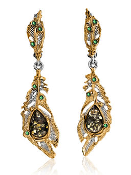 Изящные серьги с зелёным янтарём и фианитами Павлин