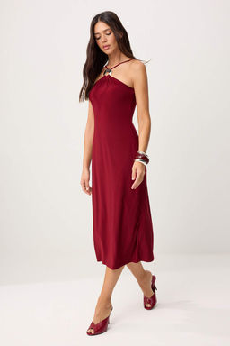 Bordo A-Kesim/Can Form Ask?l? Straplez Kolsuz Aksesuar Detayl? Esnek Orme Elbise TWOSS26EL00497
