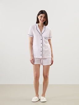 G?mlek Yaka ?izgili Kad?n ?ortlu Pijama Tak?m?