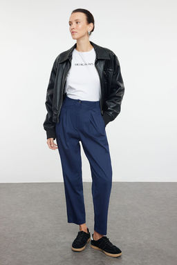 Lacivert Pamuklu Havuc Kal?p Serit Detayl? Dokuma Pantolon TWOAW22PL0342