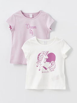 Bask?l? Bisiklet Yaka K?sa Kollu K?z Bebek Ti??rt 2li