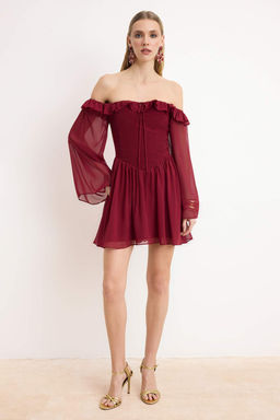 TRENDYOLMILLA Bridal Ekru A-Kesim Astarl? Volanl? Dokuma Sifon K?sa Dugun/Nikah S?k Abiye Elbise TPRSS23EL00096 фото 59