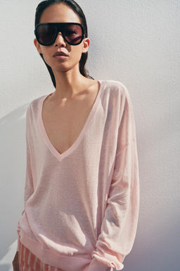 JERSEY PUNTO FINO ESCOTE PICO / Rosa pastel