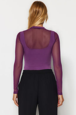 TRENDYOLMILLA Siyah Slim Tul Detayl? Uzun Kollu Dik Yaka Alttan C?tc?tl?Esnek Orme Body TWOAW24BD00049  фото 6