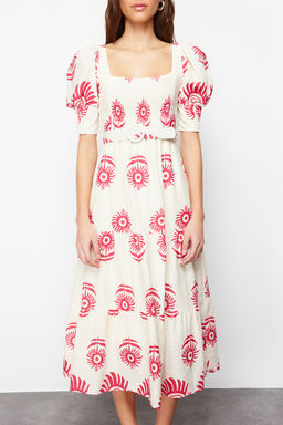 Pembe Desenli Kare Yaka Keten Gorunumlu Kemerli Midi Dokuma Elbise TWOSS24EL00779 - Trendyolmilla фото 4